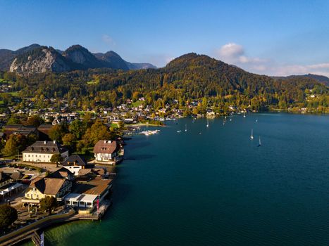 Top view of the city of Salzkammergut in the Austrian Alps.
