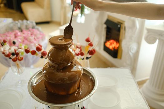 Fondue with a chocolate fountain and sweets for it.Sweet theme.