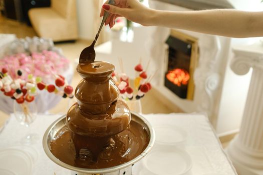 Fondue with a chocolate fountain and sweets for it.Sweet theme.