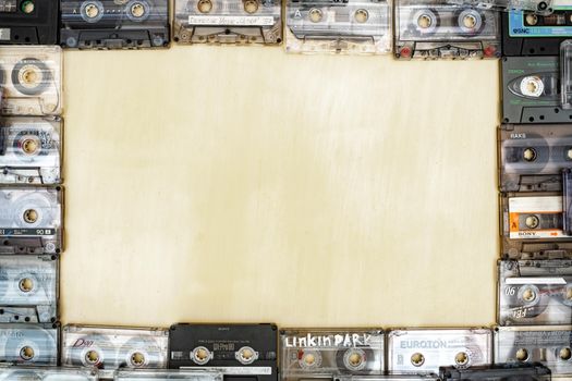 March 28,2021, Minsk, Belarus.A huge collection of audio cassettes. Retro music background.