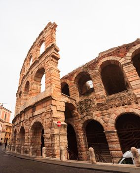 VERONA, ITALY - APRIL, 07: View of the Verona amphitheatre at dusk time on April 07, 2017