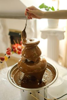 Fondue with a chocolate fountain and sweets for it.Sweet theme.