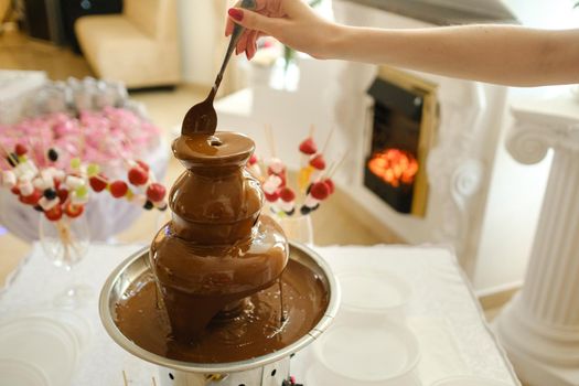 Fondue with a chocolate fountain and sweets for it.Sweet theme.