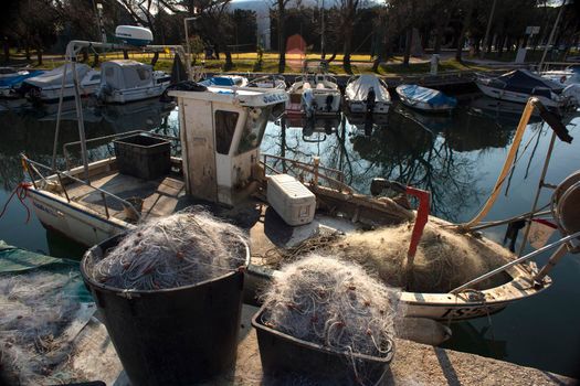 A lot of fishing net in the pier, Villaggio del Pescatore. Italy