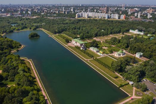 View from the height of the Kuskovo Estate in Moscow, Russia. Kuskovo manor is a unique monument of the XVIII century, a summer residence in Moscow.