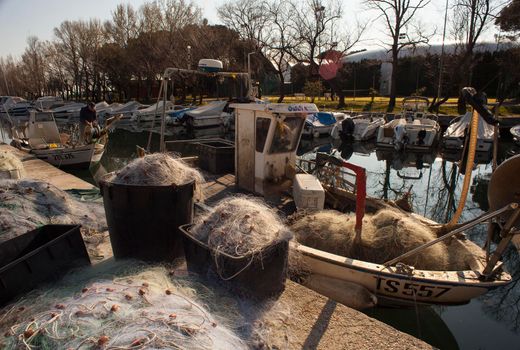 A lot of fishing net in the pier, Villaggio del Pescatore. Italy