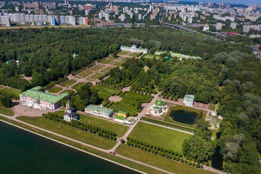 View from the height of the Kuskovo Estate in Moscow, Russia. Kuskovo manor is a unique monument of the XVIII century, a summer residence in Moscow.