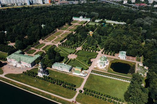 View from the height of the Kuskovo Estate in Moscow, Russia. Kuskovo manor is a unique monument of the XVIII century, a summer residence in Moscow.