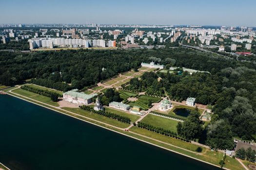 View from the height of the Kuskovo Estate in Moscow, Russia. Kuskovo manor is a unique monument of the XVIII century, a summer residence in Moscow.
