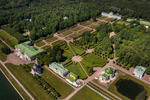 View from the height of the Kuskovo Estate in Moscow, Russia. Kuskovo manor is a unique monument of the XVIII century, a summer residence in Moscow.