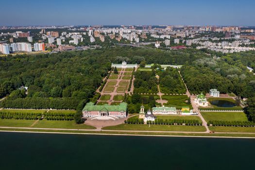 View from the height of the Kuskovo Estate in Moscow, Russia. Kuskovo manor is a unique monument of the XVIII century, a summer residence in Moscow.