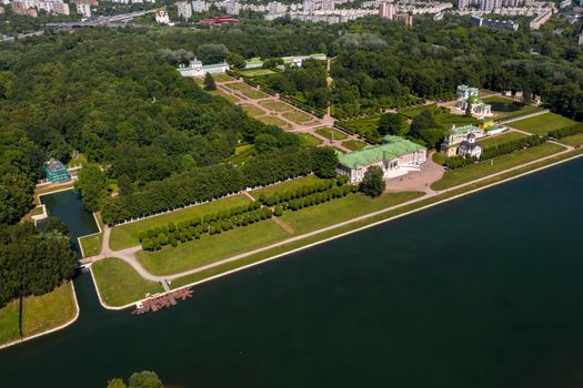 View from the height of the Kuskovo Estate in Moscow, Russia. Kuskovo manor is a unique monument of the XVIII century, a summer residence in Moscow.
