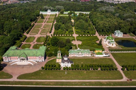View from the height of the Kuskovo Estate in Moscow, Russia. Kuskovo manor is a unique monument of the XVIII century, a summer residence in Moscow.