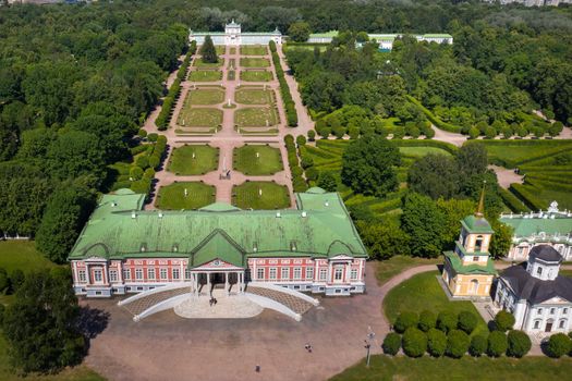 View from the height of the Kuskovo Estate in Moscow, Russia. Kuskovo manor is a unique monument of the XVIII century, a summer residence in Moscow.