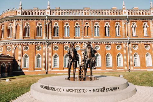 Grand Palace in Tsaritsyno in summer, Russia. Tsaritsyno Park is one of the main tourist attractions in Moscow. Beautiful scenic view of the old Tsaritsyn complex in summer.