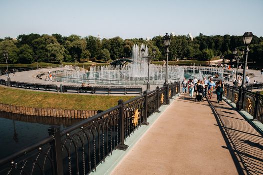 Grand Palace in Tsaritsyno in summer, Russia. Tsaritsyno Park is one of the main tourist attractions in Moscow. Beautiful scenic view of the old Tsaritsyn complex in summer.
