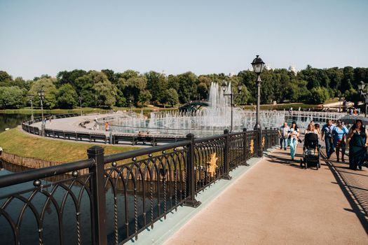 Grand Palace in Tsaritsyno in summer, Russia. Tsaritsyno Park is one of the main tourist attractions in Moscow. Beautiful scenic view of the old Tsaritsyn complex in summer.