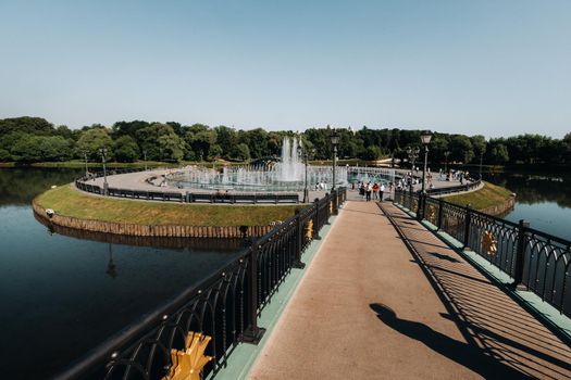 Grand Palace in Tsaritsyno in summer, Russia. Tsaritsyno Park is one of the main tourist attractions in Moscow. Beautiful scenic view of the old Tsaritsyn complex in summer.