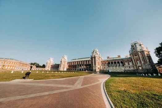 Grand Palace in Tsaritsyno in summer, Russia. Tsaritsyno Park is one of the main tourist attractions in Moscow. Beautiful scenic view of the old Tsaritsyn complex in summer.
