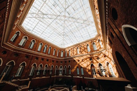 Grand Palace in Tsaritsyno in summer, Russia. Tsaritsyno Park is one of the main tourist attractions in Moscow. Beautiful scenic view of the old Tsaritsyn complex in summer.