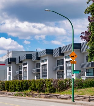 Business office building on a street in Burnaby, Vancouver, Canada.