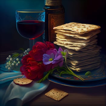 Pesah celebration, jewish Passover holiday. flowers and matza greeting card. AI Generative.