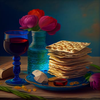 Pesah celebration, jewish Passover holiday. flowers and matza greeting card. AI Generative.