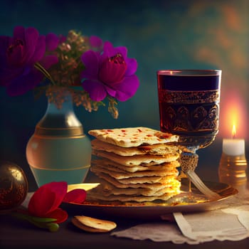 Pesah celebration, jewish Passover holiday. flowers and matza greeting card. AI Generative.