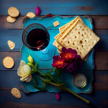Pesah celebration, jewish Passover holiday. flowers and matza greeting card. AI Generative.