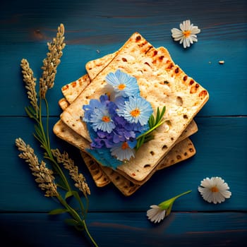 Pesah celebration, jewish Passover holiday. flowers and matza greeting card. AI Generative.