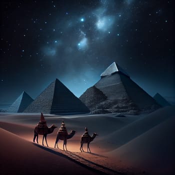 The Pyramids of Giza by night in Egypt. AI Generative.