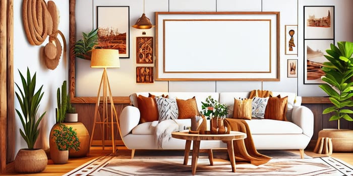 Stylish scandinavian living room with design mint sofa, furnitures, mock up poster map, plants and elegant personal accessories. Modern home decor. Bright and sunny room. Generative AI illustration