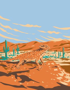 WPA poster art of a desert horned lizard in Saguaro National Park located in the Sonoran Desert, Arizona USA done in works project administration or federal art project style.
