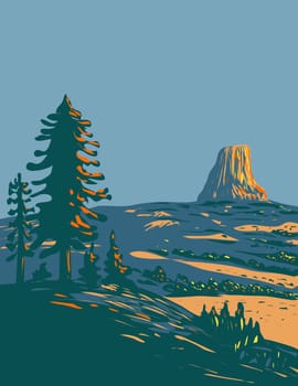 WPA poster art of Devils Tower National Monument in Bear Lodge Ranger District of Black Hills, northeastern Wyoming during summer done in works project administration or federal art project style.