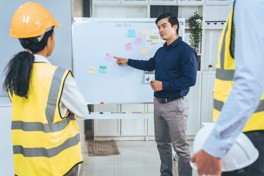 A team of investor and competent engineers brainstorming on the whiteboard to find new ideas and making plans. The idea of a team gather ideas together.