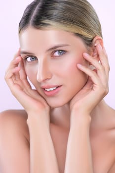 Closeup alluring beautiful woman with perfect smooth and clean skin portrait in isolated background. Beauty hand gesture with expressive facial expression for skincare treatment product or spa.