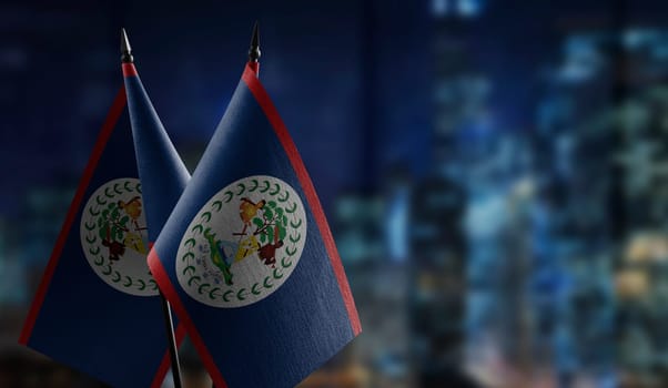 A small Belize flag on an abstract blurry background.