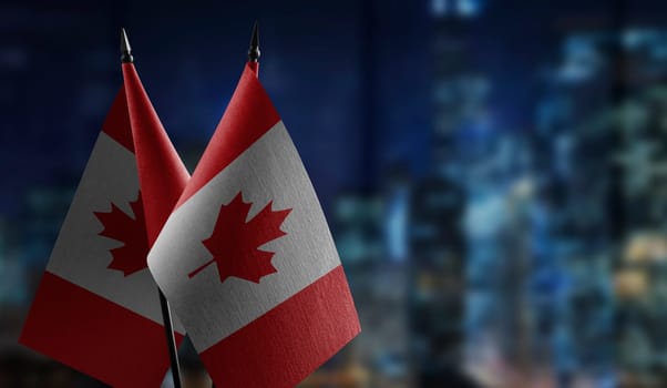 Small flags of the Canada on an abstract blurry background.