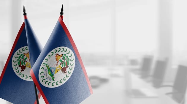 A small Belize flag on an abstract blurry background.