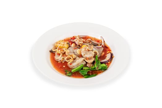 spicy seafood salad on dish over white background , asian style cuisine