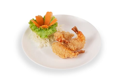 crispy fried shrimp served with fresh vegetable on plate over white background