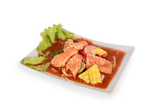 spicy salmon and seafood salad , asian style cuisine
