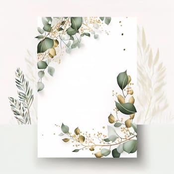 Wedding floral invitation, modern card design. Rosemary, eucalyptus branches on white background with a golden pattern. Elegant rustic template. download image
