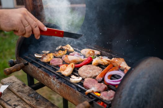 Assorted delicious grilled meat with vegetables over the coals on a barbecue. High quality photo