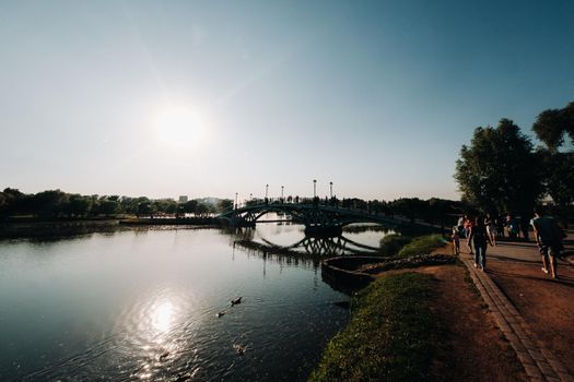 Grand Palace in Tsaritsyno in summer, Russia. Tsaritsyno Park is one of the main tourist attractions in Moscow. Beautiful scenic view of the old Tsaritsyn complex in summer.