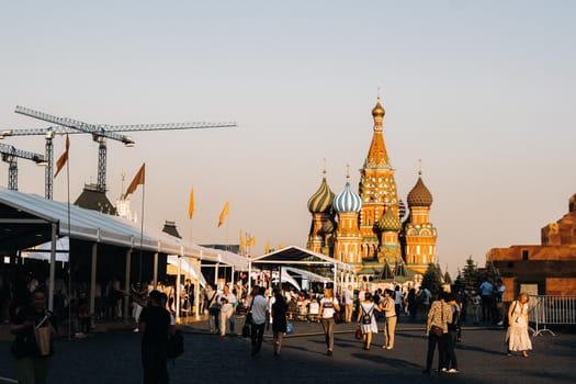 June 6, 2019.Red Square, Moscow, Russia.Kremlin towers and tourists on Red Square at sunset in Moscow.