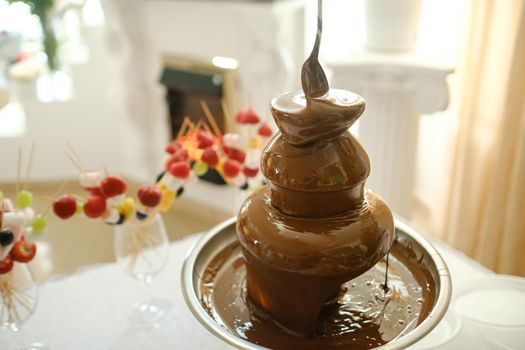 Fondue with a chocolate fountain and sweets for it.Sweet theme.
