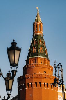 The tall Red Tower of the Kremlin in Moscow, Russia.