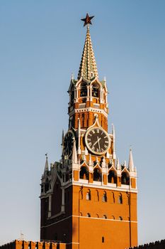 Spasskaya Tower of the Kremlin, located on Red Square in Moscow, Russia.