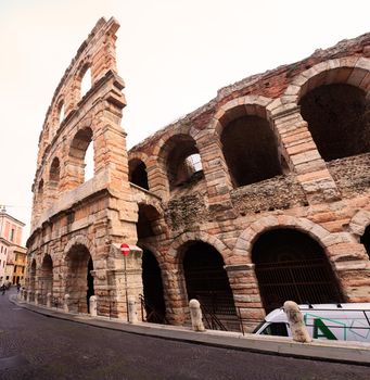 VERONA, ITALY - APRIL, 07: View of the Verona amphitheatre at dusk time on April 07, 2017